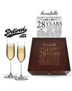 Personalised retirement gift crystal Champagne flutes box set with personalised timeline design.