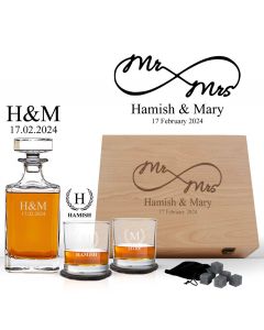 Personalised luxury wedding or anniversary gift decanter sets with Mr & Mrs eternity symbol design.