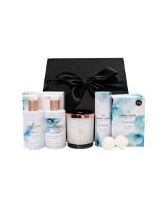 Linden Leaves Aqua Lily soy candle, lotions and bath bombs gift pack