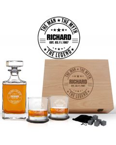 The man the myth the legend personalised whiskey decanter and glasses gift sets for birthdays.