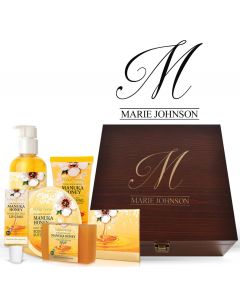 Manuka Honey box sets with personalised initial and name design engraved pine box.