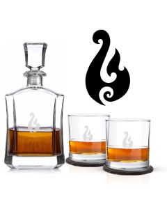 Crystal decanter gift sets with a Maori fishing hook design laser engraved.