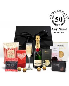 Personalised Champagne and gourmet treat gift boxes for birthdays