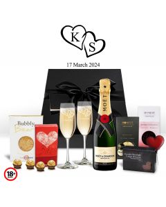 Moet Champagne and chocolates gift boxes with personalised love heart flutes.