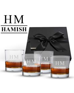Personalised whiskey glasses gift set with name and initials engraved.