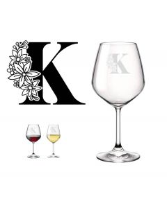 Monogrammed crystal wine glasses with floral pattern