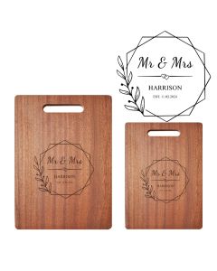 Personalised wood chopping boards with Mr & Mrs established design.