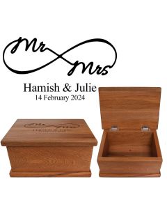 Eternity symbol Mr and Mrs Rimu wood keepsake boxes for weddings and anniversaries
