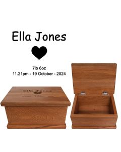Baby keepsake boxes personalised name, weight, date of birth and a love heart.
