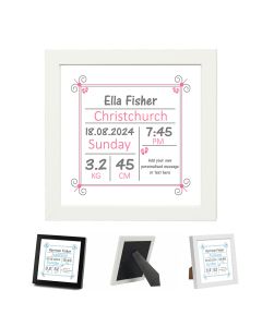 New baby personalised plaque with babies birthday details in blue or ink design.