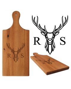 Rimu wood food serving platter board engraved with a stag head design and two initials