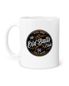 Funny birthday gift mugs for men with an old balls club design.