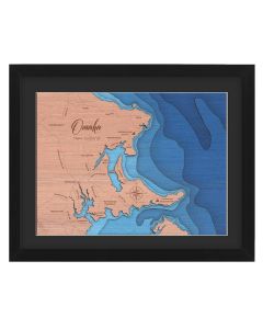 Omaha wall map made with multiple wood layers and ocean blue