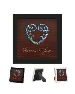 Framed Paua shell Koru & Fern Love Heart engraved with any text