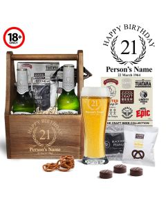Personalised birthday themed beer caddy gift set.