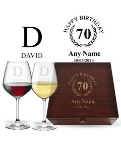 Luxury 70th birthday gift wine glasses box sets with personalised garland design.