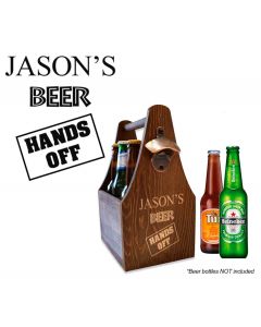Wood beer caddy with funny hands off design.