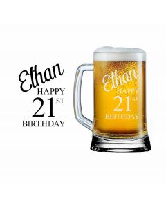Personalised beer glass with handle and happy 21st birthday design.
