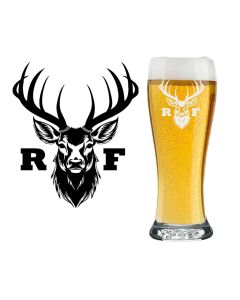 Personalised beer glasses with stag head design and two initials engraved.