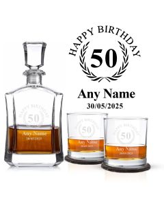 Crystal decanter gift sets engraved with a personalised happy birthday design
