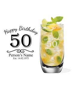 Highball cocktail glasses with happy birthday laser engraved design.