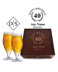 Beer glasses box set with personalised happy birthday designs engraved.