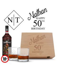 Personalised rum gift boxes with happy birthday design.