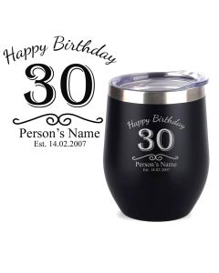 Personalised thermal cup tumblers with happy birthday design laser engraved.