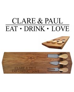 Personalised Rimu wood cheese board gift sets engraved with eat drink love design