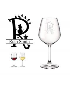 Christmas gift personalised wine glasses with initial and name design.