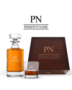 Personalised wood box decanter gift set with initials and name engraved.