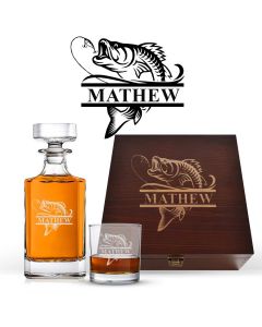Crystal decanter box sets with tumbler glass and engraved personalised fish design.