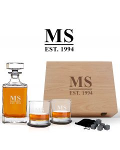 Wood box decanter gift sets with initials and date engraved for a birthday gift.