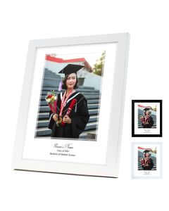 Personalised graduation photo frames with name, class your and degree details.