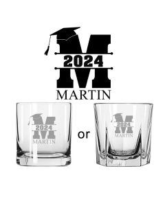 Personalised graduation gift whiskey glasses with initial, name and year design.