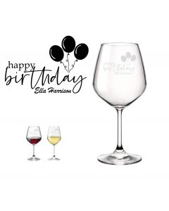 Personalised happy birthday wine glasses with balloons design.