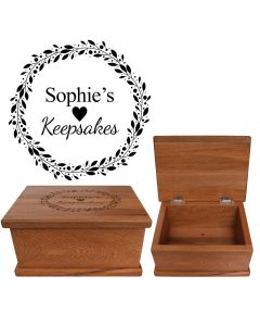 Rimu wood keepsake boxes engraved with leafy rosette garland and any person's name with a love heart