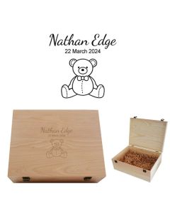 Baby keepsake boxes with personalised teddy bear design.