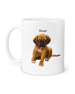 Personalised photo mug with pet image and oil painting effect.