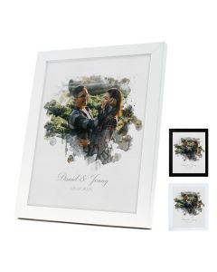 Wedding and anniversary personalised photo frames with a water colour painting effect.