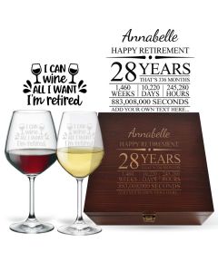 Luxury retirement gift wine glasses with personalised timeline design.