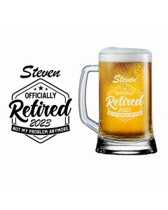 Personalised retirement gift beer glasses with fun not my problem anymore design.
