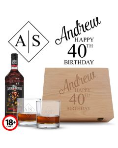 40th birthday gift rum box set with personalised glass.