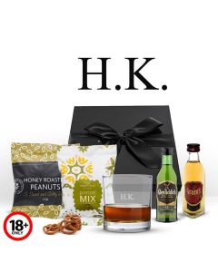 Scotch whisky gift sets with engraved personalised tumbler glass and treats.