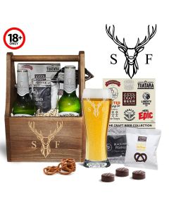 Beer and gourmet treats gift packs with personalised Stag head design.