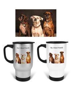 Personalised travel mugs with oil painting effect of pets