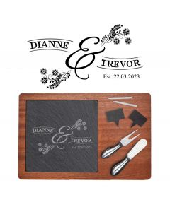 Wedding and anniversary gift personalised cheese board with floral design.