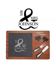 Personalised wedding gift cheese boards with Mr and Mrs design engraved.