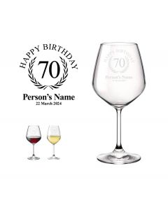 Personalised happy 70th birthday themed wine glasses