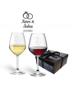 Wine glass personalised with wedding ring design and names.
